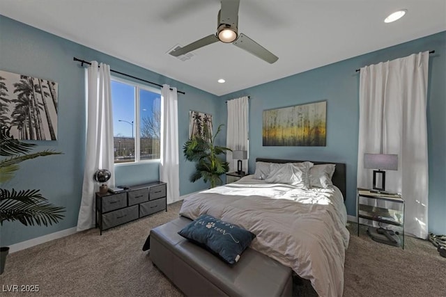 carpeted bedroom with a ceiling fan, recessed lighting, visible vents, and baseboards