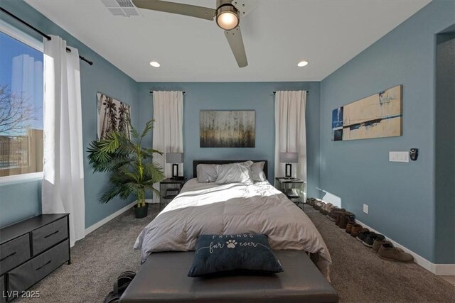 carpeted bedroom with visible vents, baseboards, ceiling fan, and recessed lighting