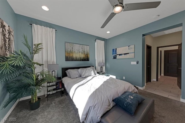 carpeted bedroom with baseboards, a ceiling fan, and recessed lighting