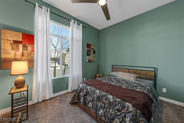 bedroom featuring ceiling fan, carpet, and baseboards