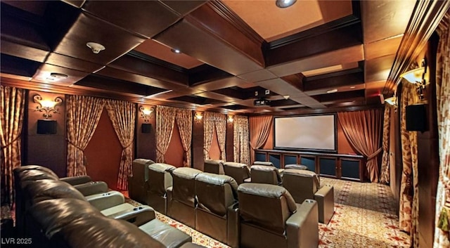 cinema room with carpet flooring, ornamental molding, coffered ceiling, and beamed ceiling