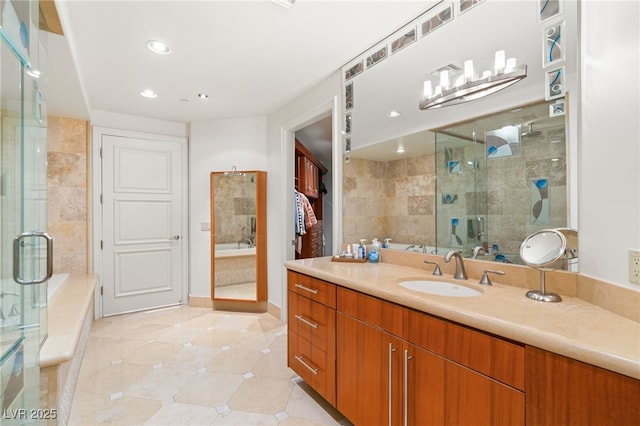 bathroom featuring separate shower and tub, vanity, and tile patterned floors