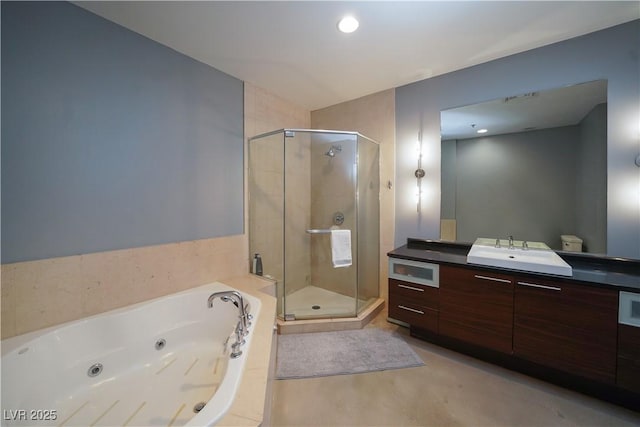 bathroom featuring plus walk in shower and vanity