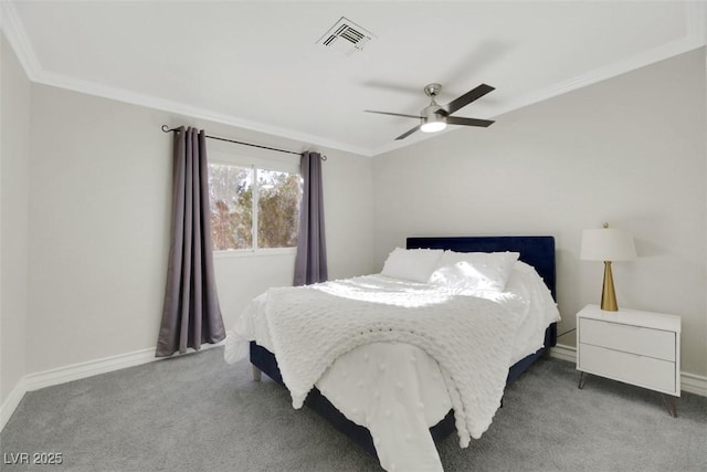 bedroom featuring ceiling fan, carpet flooring, and ornamental molding