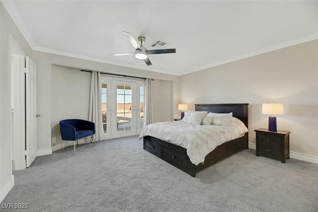 bedroom with ceiling fan, light colored carpet, crown molding, and access to outside