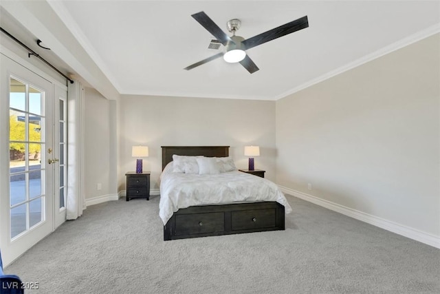 carpeted bedroom with ceiling fan, access to exterior, and ornamental molding