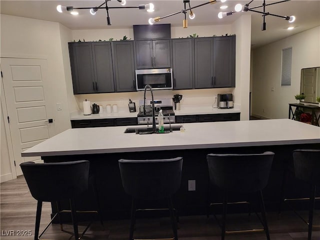 kitchen featuring hardwood / wood-style floors, stainless steel appliances, sink, a kitchen island with sink, and a notable chandelier