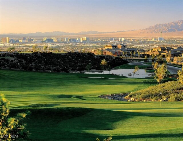 view of community featuring a mountain view and a lawn