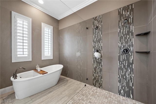 bathroom featuring tile patterned flooring, ornamental molding, and shower with separate bathtub