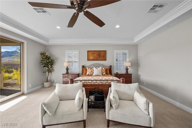 carpeted bedroom with ceiling fan, crown molding, a raised ceiling, and access to outside