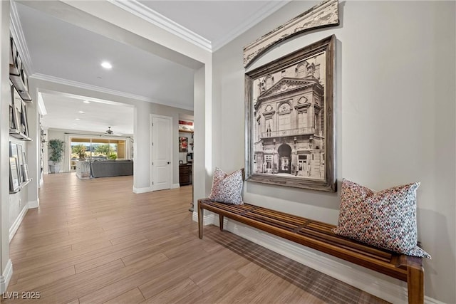 hallway with crown molding and light hardwood / wood-style floors