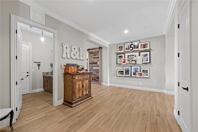 corridor featuring crown molding and hardwood / wood-style floors