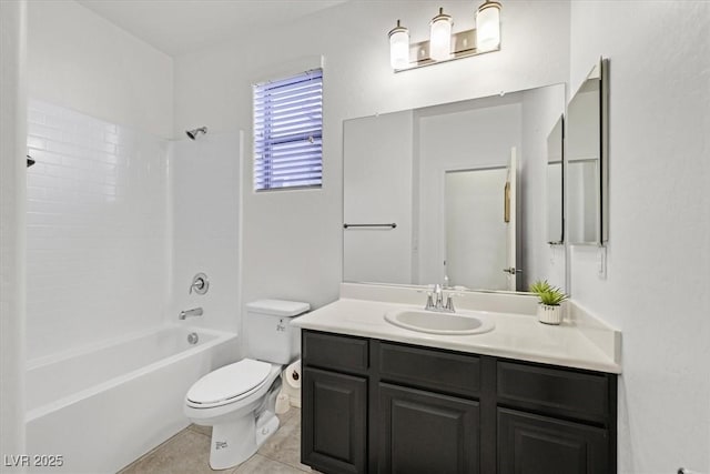 full bathroom featuring bathing tub / shower combination, tile patterned flooring, vanity, and toilet