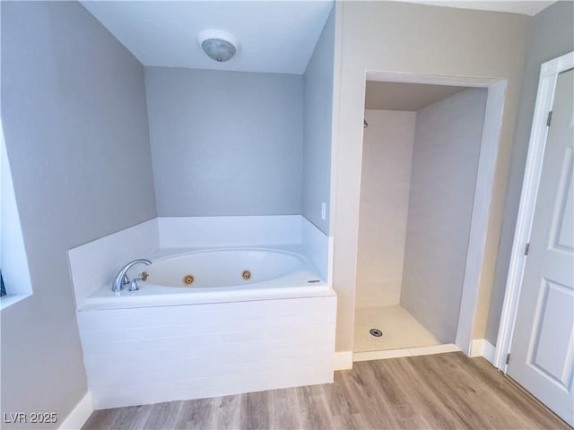 bathroom with separate shower and tub and wood-type flooring