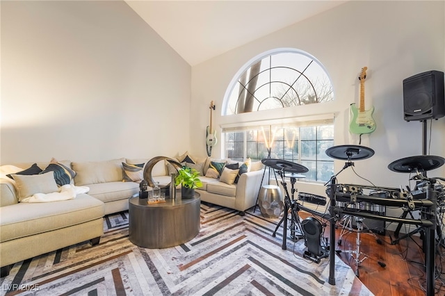 living room with vaulted ceiling and hardwood / wood-style flooring