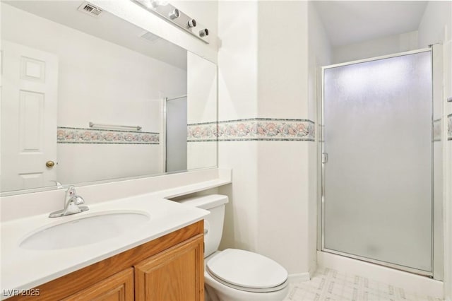 bathroom featuring toilet, walk in shower, and vanity