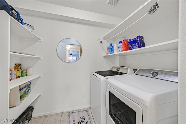 laundry room featuring light tile patterned floors and washing machine and clothes dryer