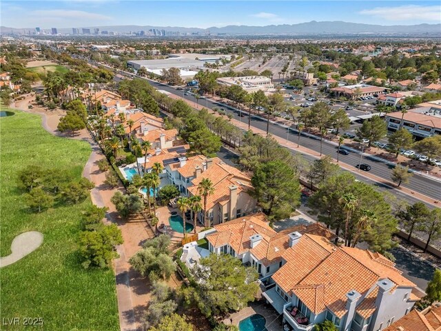 drone / aerial view featuring a mountain view