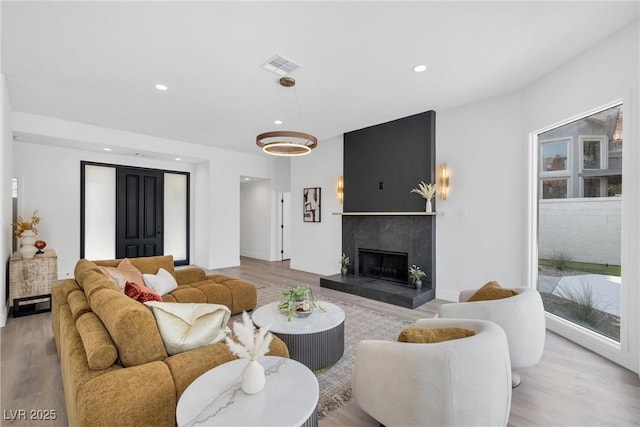 living room with a fireplace and light hardwood / wood-style flooring