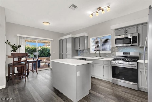 kitchen featuring dark hardwood / wood-style floors, a kitchen island, sink, appliances with stainless steel finishes, and gray cabinetry