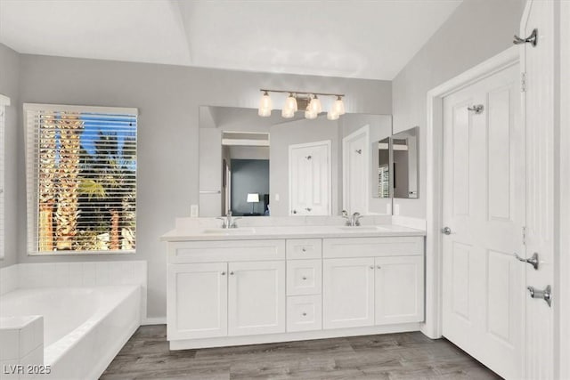 bathroom featuring a tub, wood-type flooring, and vanity