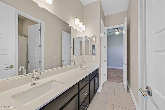 bathroom with ceiling fan, tile patterned floors, and vanity