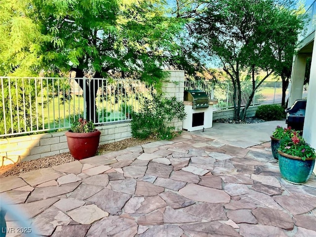 view of patio featuring a grill and an outdoor kitchen