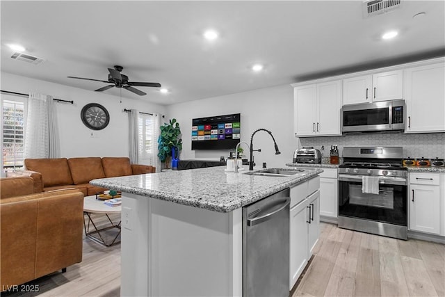 kitchen with stainless steel appliances, decorative backsplash, a kitchen island with sink, white cabinets, and sink