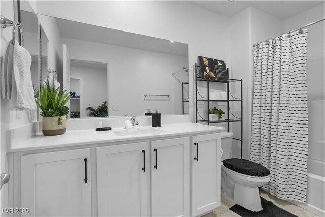 full bathroom with toilet, shower / bath combo, and vanity