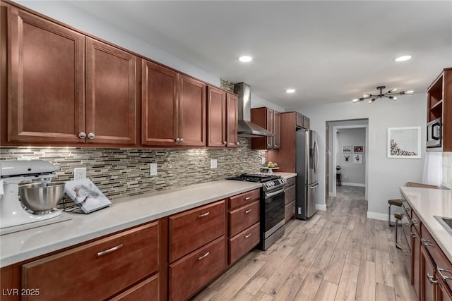 kitchen with stainless steel appliances, decorative backsplash, light hardwood / wood-style flooring, and wall chimney range hood