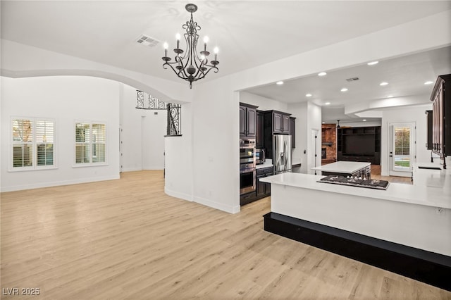 kitchen featuring a healthy amount of sunlight, dark brown cabinetry, stainless steel appliances, and light hardwood / wood-style flooring