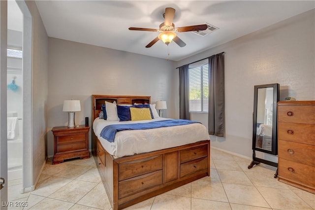 bedroom featuring ceiling fan and light tile patterned floors