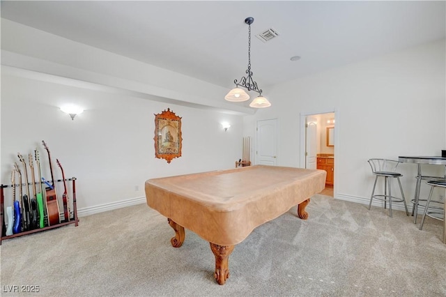 game room with light carpet and pool table