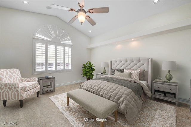 bedroom featuring ceiling fan, light colored carpet, and lofted ceiling