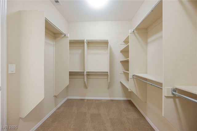 walk in closet featuring light carpet