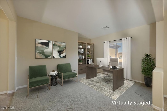 office featuring vaulted ceiling and light carpet