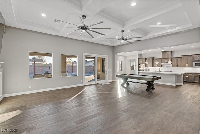 playroom with pool table, beamed ceiling, dark hardwood / wood-style floors, ceiling fan, and coffered ceiling