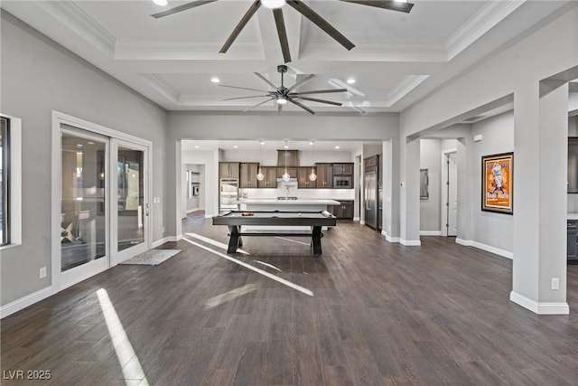 playroom featuring beam ceiling, dark wood-type flooring, pool table, crown molding, and coffered ceiling