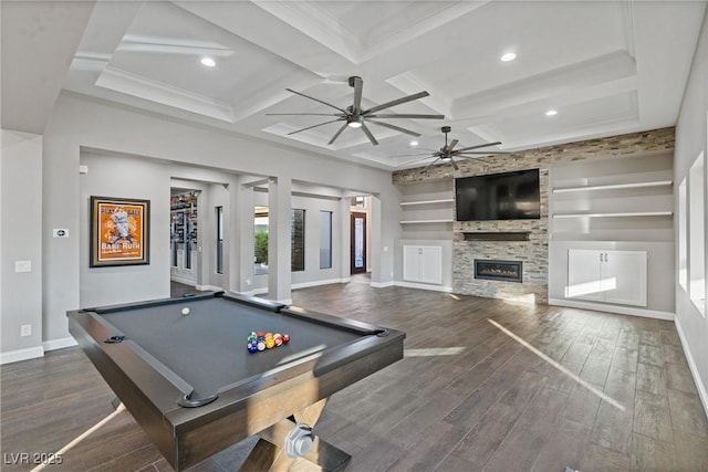 recreation room featuring coffered ceiling, a stone fireplace, dark wood-type flooring, billiards, and beamed ceiling