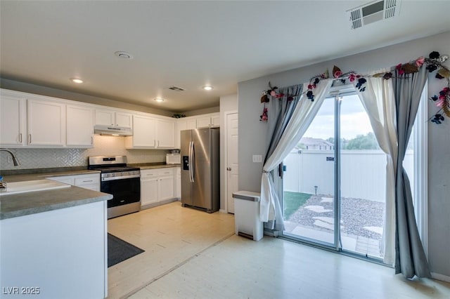 kitchen featuring sink, white cabinets, stainless steel appliances, and tasteful backsplash