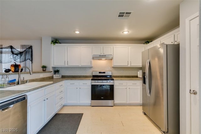 kitchen featuring tasteful backsplash, sink, stainless steel appliances, and white cabinetry