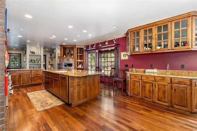 kitchen featuring dark wood-type flooring, sink, light stone counters, and an island with sink