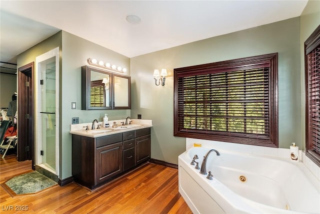 bathroom featuring plus walk in shower, hardwood / wood-style floors, and vanity