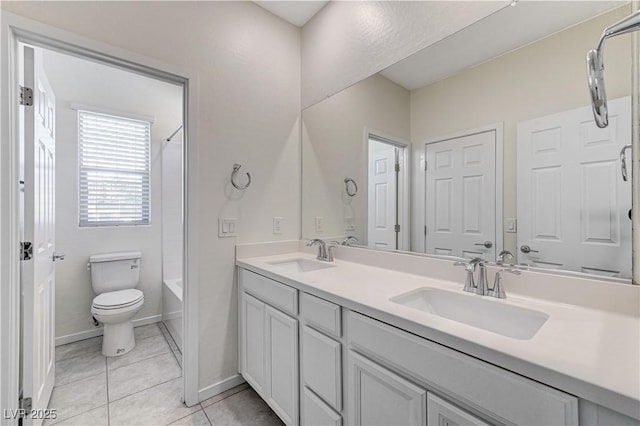 full bathroom featuring toilet, vanity, tile patterned flooring, and shower / bath combination