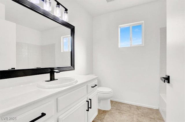 full bathroom featuring toilet, vanity, tile patterned flooring, and  shower combination