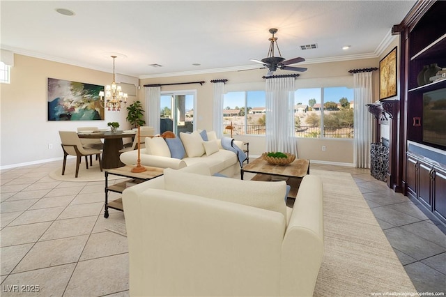 living room featuring light tile patterned floors, ceiling fan with notable chandelier, and ornamental molding