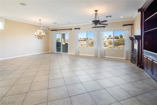 unfurnished living room featuring ceiling fan with notable chandelier, light tile patterned floors, ornamental molding, and plenty of natural light