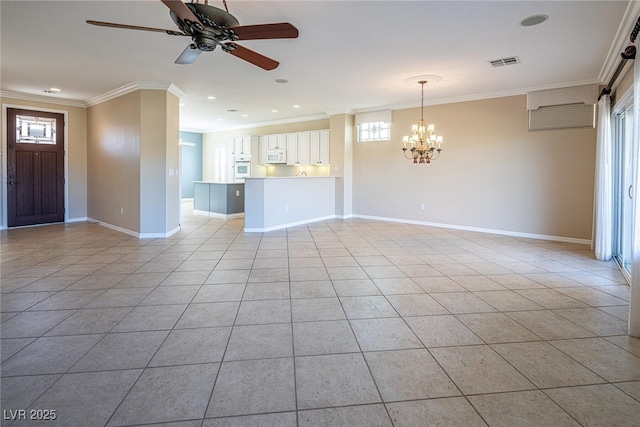 unfurnished living room with light tile patterned floors, crown molding, ceiling fan with notable chandelier, and plenty of natural light