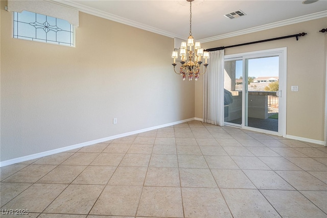 tiled empty room featuring ornamental molding and an inviting chandelier