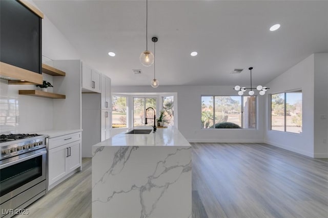 kitchen with white cabinets, hanging light fixtures, and sink